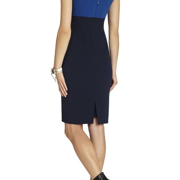 2 BCBGMaxAzria Black Blue Clara Color Blocked Sheath Dress Gold Necklace Pencil - Picture 4 of 6